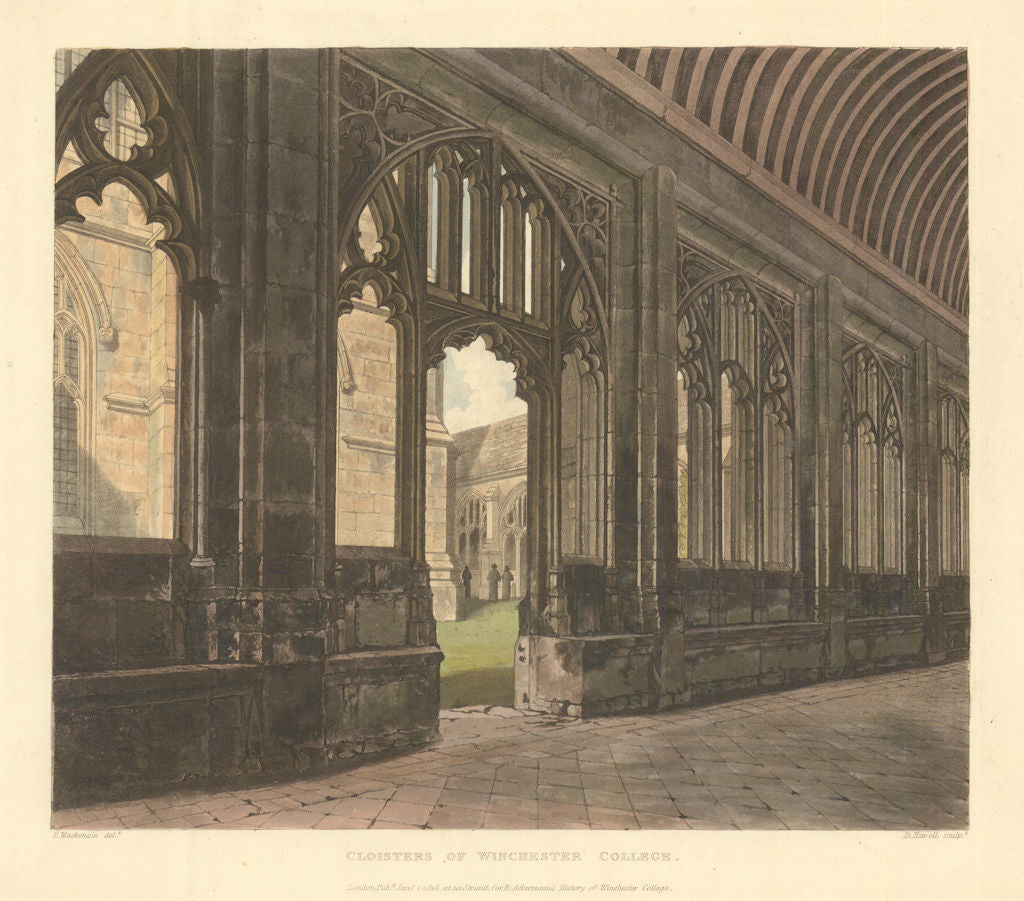 Cloisters of Winchester College. Ackermann's schools 1816 old antique print
